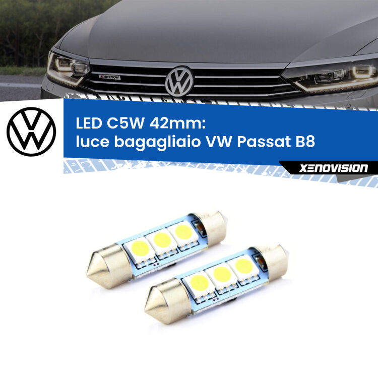 0 Luce Bagagliaio LED c5w 41mm VW Passat B8 2014 - 2017 (Coppia) <strong>Luce Bagagliaio LED per VW Passat</strong> B8 2014 - 2017. Coppia lampade <strong>C5W</strong> 41mm estremamente longeve.