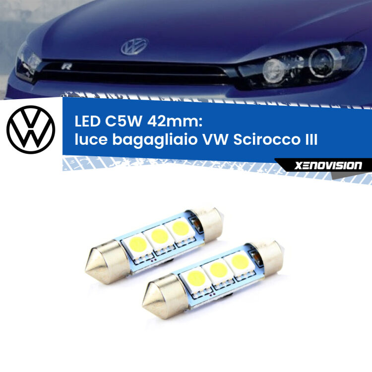 0 Luce Bagagliaio LED c5w 41mm VW Scirocco III 2008 - 2017 (Coppia) <strong>Luce Bagagliaio LED per VW Scirocco</strong> III 2008 - 2017. Coppia lampade <strong>C5W</strong> 41mm estremamente longeve.