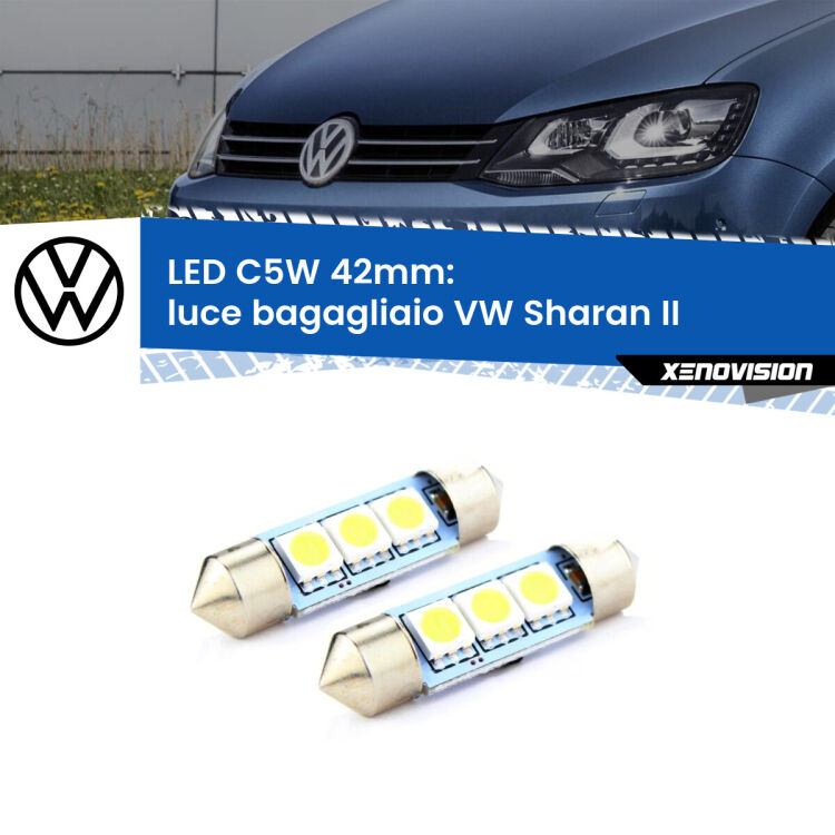 0 Luce Bagagliaio LED c5w 41mm VW Sharan II sul portellone (Coppia) <strong>Luce Bagagliaio LED per VW Sharan</strong> II sul portellone. Coppia lampade <strong>C5W</strong> 41mm estremamente longeve.
