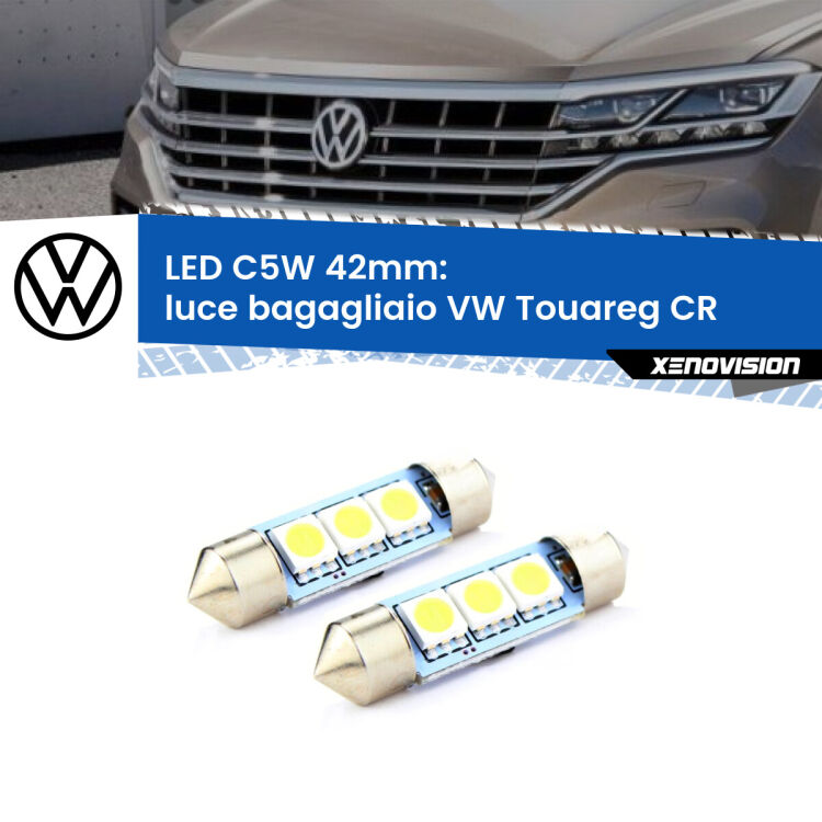 0 Luce Bagagliaio LED c5w 41mm VW Touareg CR 2018 in poi (Coppia) <strong>Luce Bagagliaio LED per VW Touareg</strong> CR 2018 in poi. Coppia lampade <strong>C5W</strong> 41mm estremamente longeve.