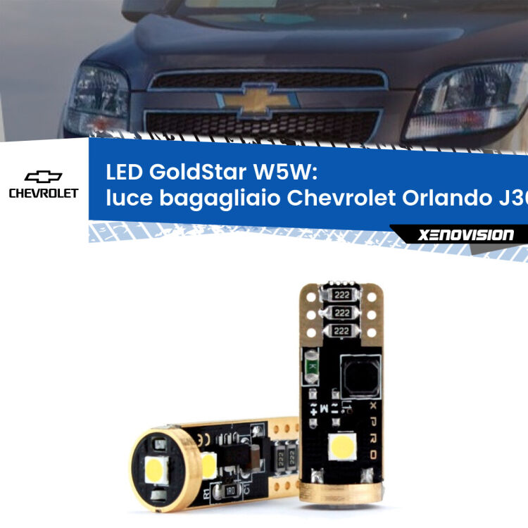 0 Luce Bagagliaio LED Chevrolet Orlando J309 2011 - 2019: T10 GoldStar <strong>Luce Bagagliaio LED Chevrolet Orlando</strong> J309 2011 - 2019: ottima luminosità a 360 gradi. Si inseriscono ovunque. Canbus, Top Quality.