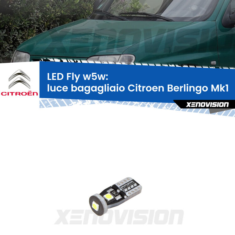 <strong>luce bagagliaio LED per Citroen Berlingo</strong> Mk1 1996 - 2007. Coppia lampadine <strong>w5w</strong> Canbus compatte modello Fly Xenovision.