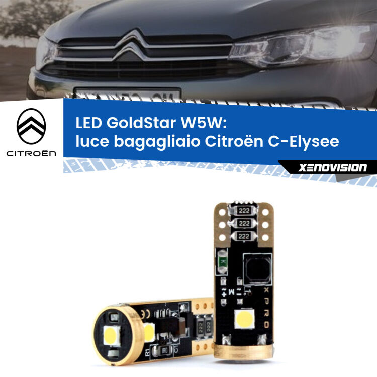 0 Luce Bagagliaio LED Citroën C-Elysee 2012 in poi: T10 GoldStar <strong>Luce Bagagliaio LED Citroën C-Elysee</strong> 2012 in poi: ottima luminosità a 360 gradi. Si inseriscono ovunque. Canbus, Top Quality.