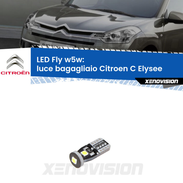 <strong>luce bagagliaio LED per Citroen C Elysee</strong>  2012 in poi. Coppia lampadine <strong>w5w</strong> Canbus compatte modello Fly Xenovision.