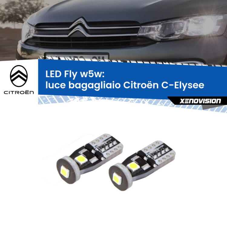 0 Luce Bagagliaio LED Citroën C-Elysee 2012 in poi: W5W Fly <strong>luce bagagliaio LED per Citroën C-Elysee</strong> 2012 in poi. Coppia lampadine <strong>w5w</strong> Canbus compatte modello Fly Xenovision.