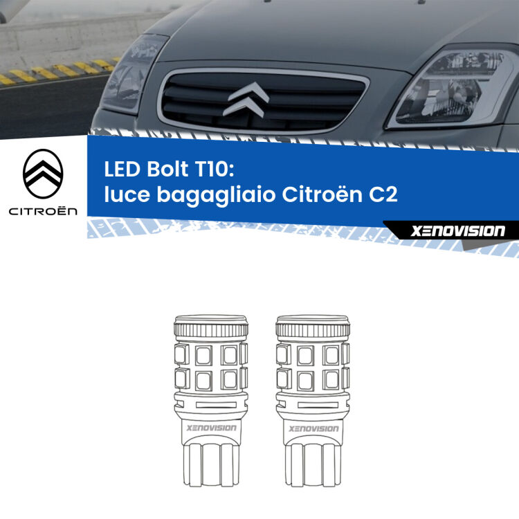 0 Luce Bagagliaio LED Citroën C2 2003 - 2009: T10 Bolt <strong>Luce Bagagliaio LED per Citroën C2</strong> 2003 - 2009. Coppia lampade <strong>T10</strong> modello Bolt canbus.