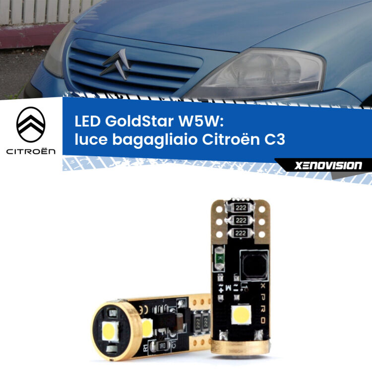 0 Luce Bagagliaio LED Citroën C3  2002 - 2009: T10 GoldStar <strong>Luce Bagagliaio LED Citroën C3</strong>  2002 - 2009: ottima luminosità a 360 gradi. Si inseriscono ovunque. Canbus, Top Quality.