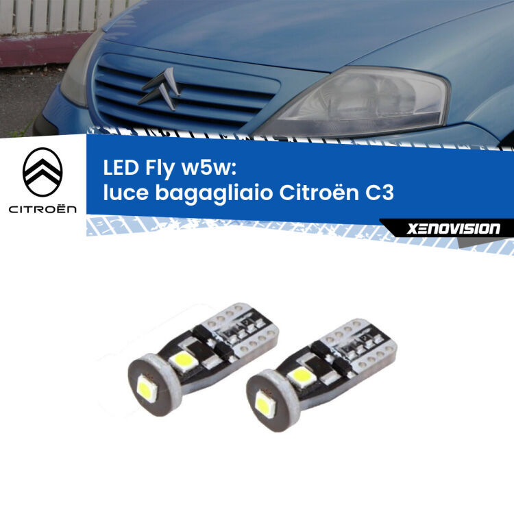 0 Luce Bagagliaio LED Citroën C3  2002 - 2009: W5W Fly <strong>luce bagagliaio LED per Citroën C3</strong>  2002 - 2009. Coppia lampadine <strong>w5w</strong> Canbus compatte modello Fly Xenovision.