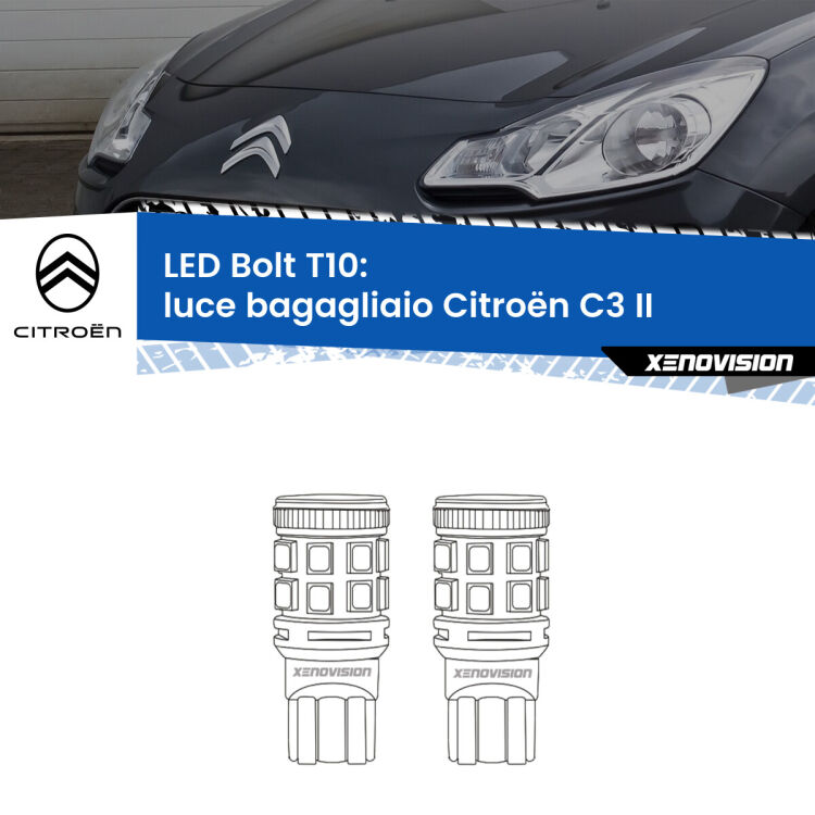 0 Luce Bagagliaio LED Citroën C3 II 2009 - 2016: T10 Bolt <strong>Luce Bagagliaio LED per Citroën C3</strong> II 2009 - 2016. Coppia lampade <strong>T10</strong> modello Bolt canbus.
