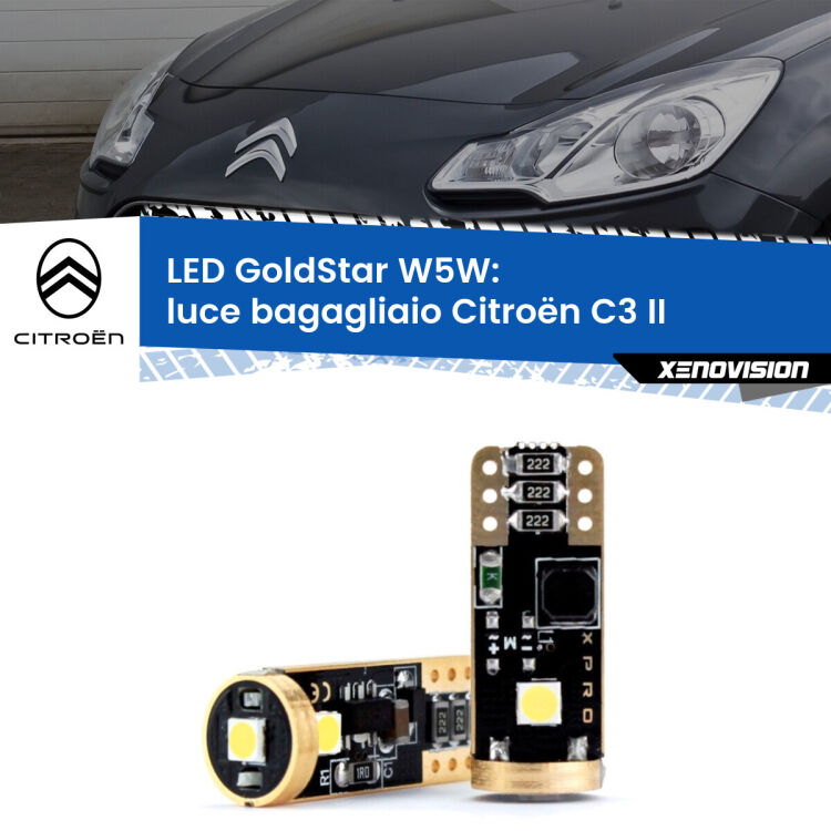 0 Luce Bagagliaio LED Citroën C3 II 2009 - 2016: T10 GoldStar <strong>Luce Bagagliaio LED Citroën C3</strong> II 2009 - 2016: ottima luminosità a 360 gradi. Si inseriscono ovunque. Canbus, Top Quality.