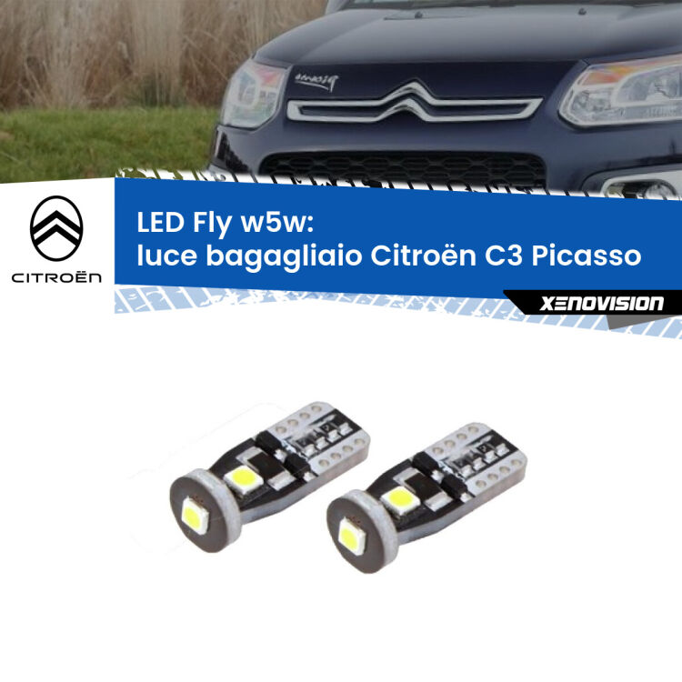 0 Luce Bagagliaio LED Citroën C3 Picasso  2009 - 2016: W5W Fly <strong>luce bagagliaio LED per Citroën C3 Picasso</strong>  2009 - 2016. Coppia lampadine <strong>w5w</strong> Canbus compatte modello Fly Xenovision.