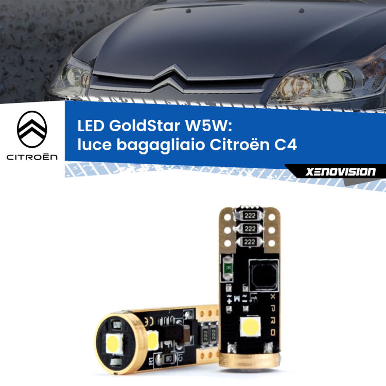 0 Luce Bagagliaio LED Citroën C4 2004 - 2011: T10 GoldStar <strong>Luce Bagagliaio LED Citroën C4</strong> 2004 - 2011: ottima luminosità a 360 gradi. Si inseriscono ovunque. Canbus, Top Quality.