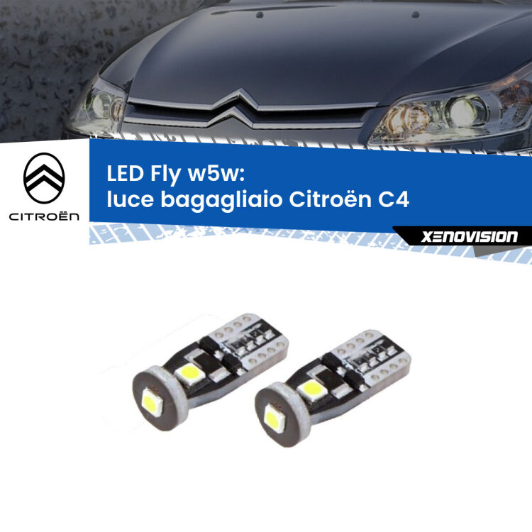 0 Luce Bagagliaio LED Citroën C4 2004 - 2011: W5W Fly <strong>luce bagagliaio LED per Citroën C4</strong> 2004 - 2011. Coppia lampadine <strong>w5w</strong> Canbus compatte modello Fly Xenovision.