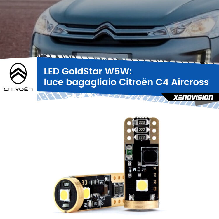 0 Luce Bagagliaio LED Citroën C4 Aircross 2010 - 2018: T10 GoldStar <strong>Luce Bagagliaio LED Citroën C4 Aircross</strong> 2010 - 2018: ottima luminosità a 360 gradi. Si inseriscono ovunque. Canbus, Top Quality.