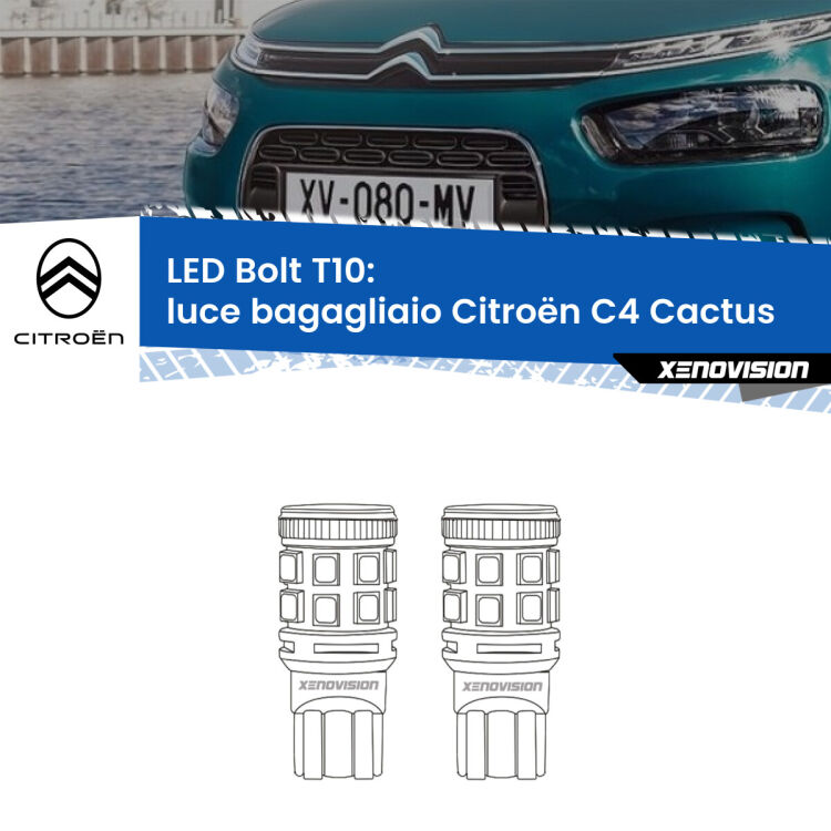 0 Luce Bagagliaio LED Citroën C4 Cactus  2014 in poi: T10 Bolt <strong>Luce Bagagliaio LED per Citroën C4 Cactus</strong>  2014 in poi. Coppia lampade <strong>T10</strong> modello Bolt canbus.