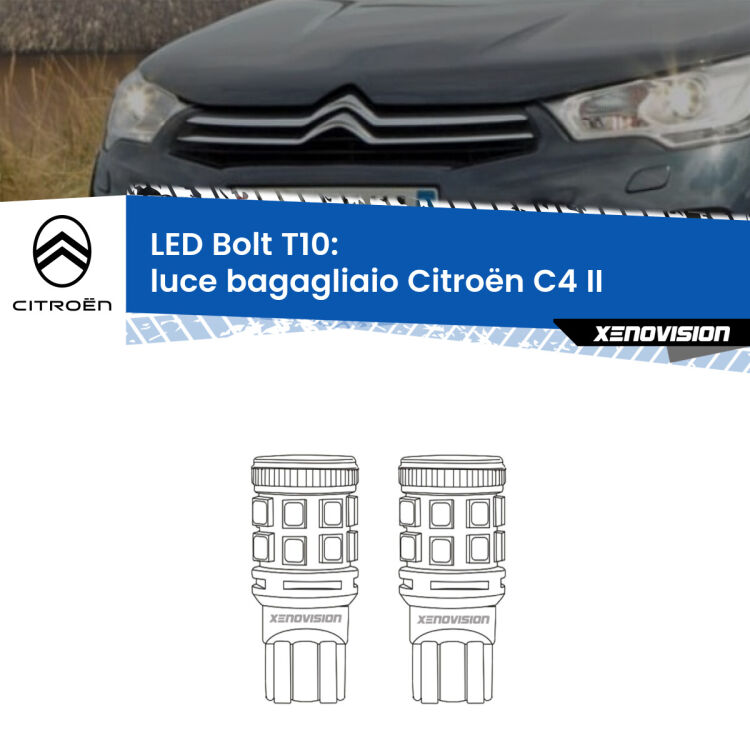 0 Luce Bagagliaio LED Citroën C4 II 2009 - 2016: T10 Bolt <strong>Luce Bagagliaio LED per Citroën C4</strong> II 2009 - 2016. Coppia lampade <strong>T10</strong> modello Bolt canbus.