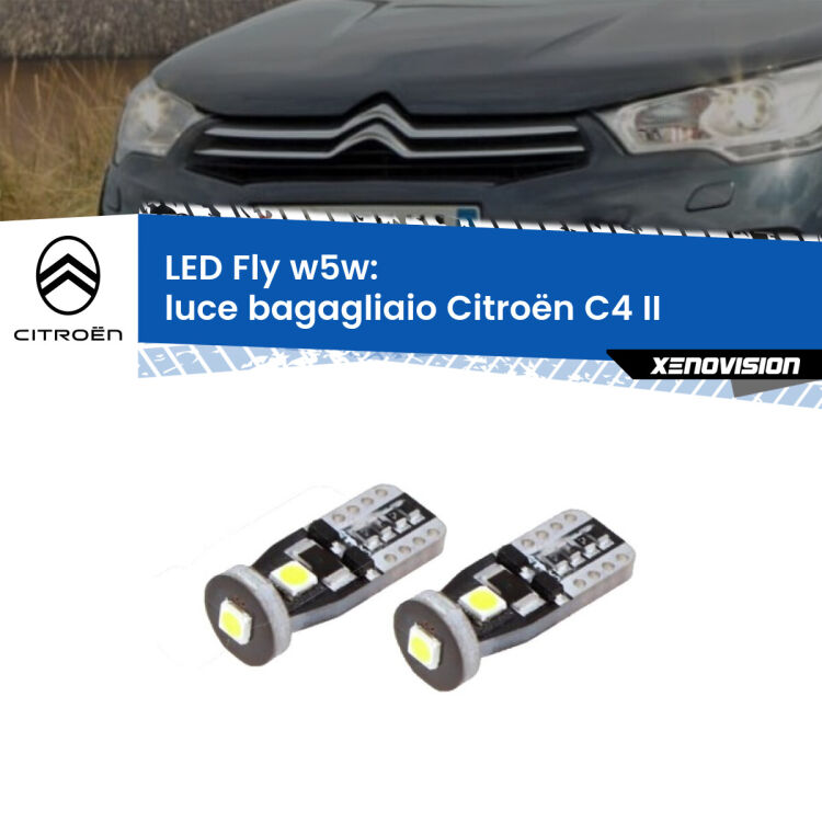 0 Luce Bagagliaio LED Citroën C4 II 2009 - 2016: W5W Fly <strong>luce bagagliaio LED per Citroën C4</strong> II 2009 - 2016. Coppia lampadine <strong>w5w</strong> Canbus compatte modello Fly Xenovision.