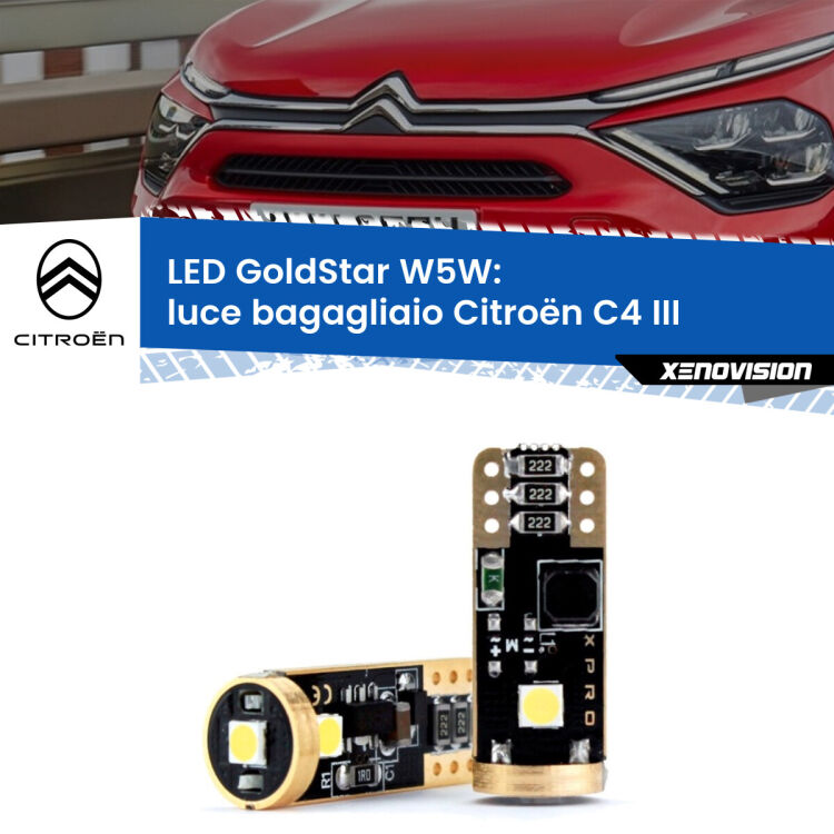 0 Luce Bagagliaio LED Citroën C4 III 2020 in poi: T10 GoldStar <strong>Luce Bagagliaio LED Citroën C4</strong> III 2020 in poi: ottima luminosità a 360 gradi. Si inseriscono ovunque. Canbus, Top Quality.