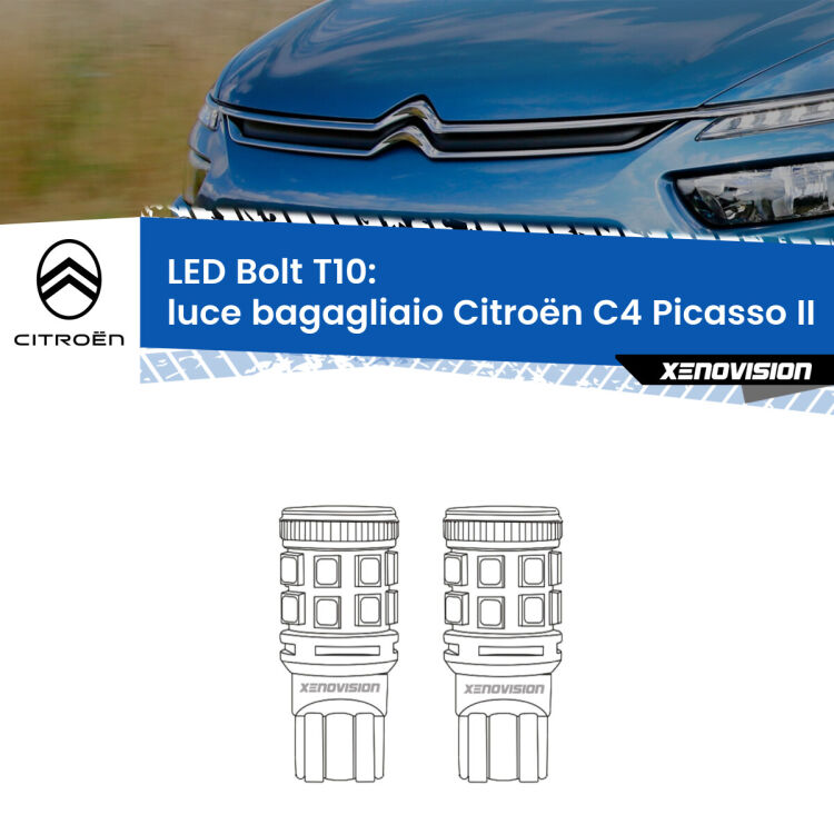0 Luce Bagagliaio LED Citroën C4 Picasso II 2013 in poi: T10 Bolt <strong>Luce Bagagliaio LED per Citroën C4 Picasso</strong> II 2013 in poi. Coppia lampade <strong>T10</strong> modello Bolt canbus.