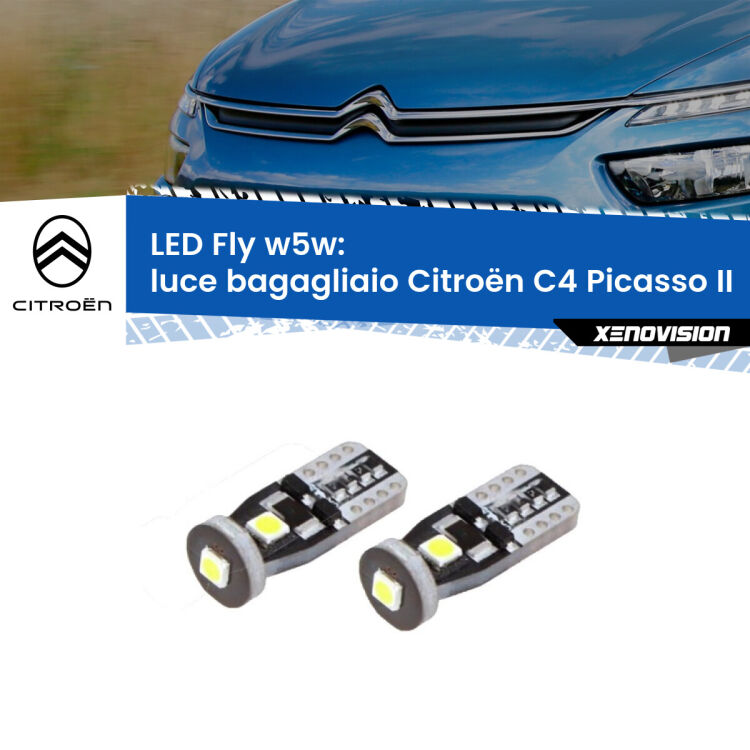 0 Luce Bagagliaio LED Citroën C4 Picasso II 2013 in poi: W5W Fly <strong>luce bagagliaio LED per Citroën C4 Picasso</strong> II 2013 in poi. Coppia lampadine <strong>w5w</strong> Canbus compatte modello Fly Xenovision.