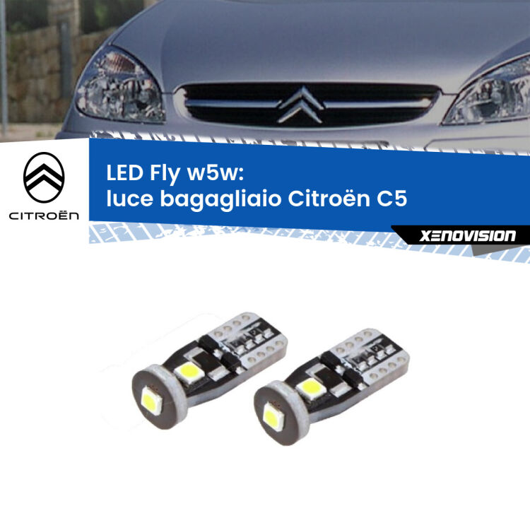 0 Luce Bagagliaio LED Citroën C5 2001 - 2004: W5W Fly <strong>luce bagagliaio LED per Citroën C5</strong> 2001 - 2004. Coppia lampadine <strong>w5w</strong> Canbus compatte modello Fly Xenovision.