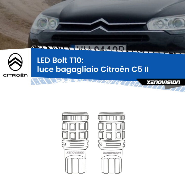 0 Luce Bagagliaio LED Citroën C5 II 2008 - 2014: T10 Bolt <strong>Luce Bagagliaio LED per Citroën C5</strong> II 2008 - 2014. Coppia lampade <strong>T10</strong> modello Bolt canbus.