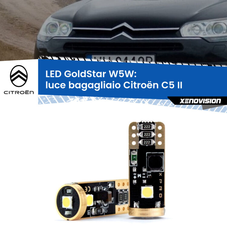 0 Luce Bagagliaio LED Citroën C5 II 2008 - 2014: T10 GoldStar <strong>Luce Bagagliaio LED Citroën C5</strong> II 2008 - 2014: ottima luminosità a 360 gradi. Si inseriscono ovunque. Canbus, Top Quality.