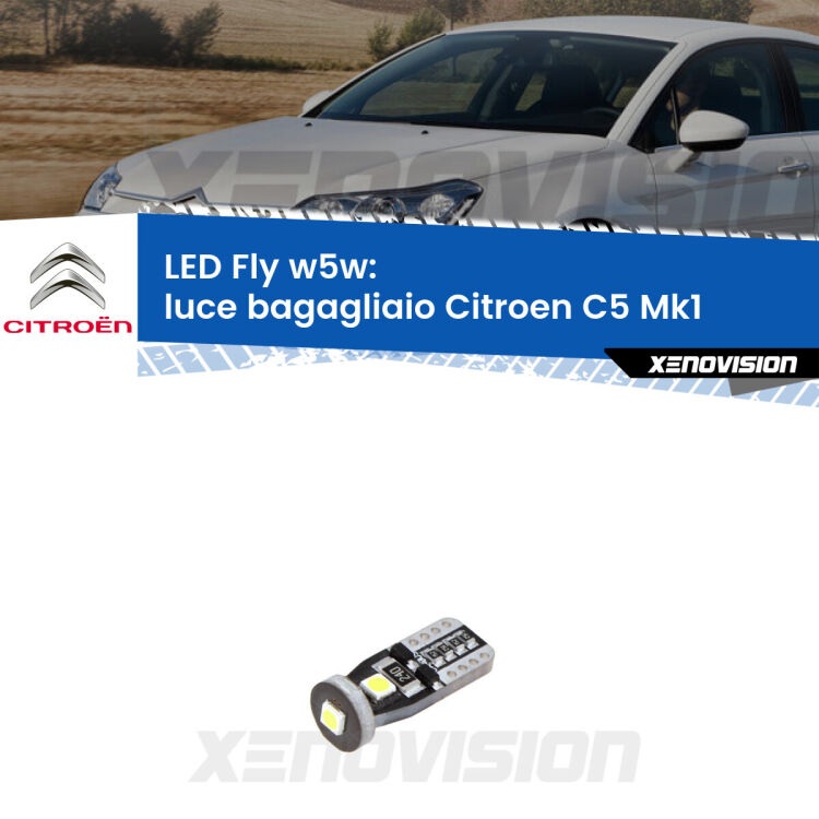 <strong>luce bagagliaio LED per Citroen C5</strong> Mk1 2001 - 2004. Coppia lampadine <strong>w5w</strong> Canbus compatte modello Fly Xenovision.