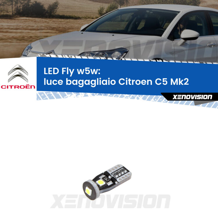 <strong>luce bagagliaio LED per Citroen C5</strong> Mk2 2004 - 2008. Coppia lampadine <strong>w5w</strong> Canbus compatte modello Fly Xenovision.