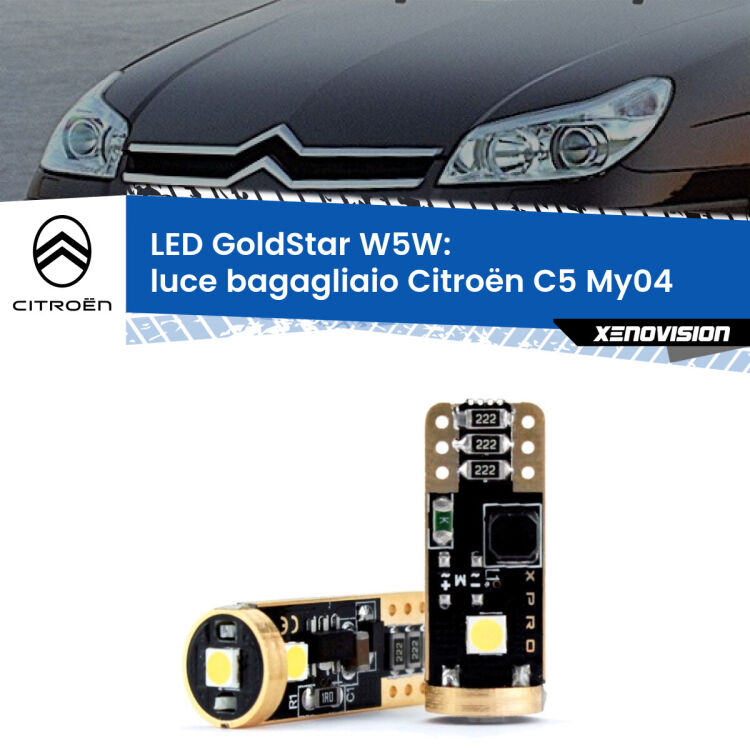 0 Luce Bagagliaio LED Citroën C5 My04 2004 - 2008: T10 GoldStar <strong>Luce Bagagliaio LED Citroën C5</strong> My04 2004 - 2008: ottima luminosità a 360 gradi. Si inseriscono ovunque. Canbus, Top Quality.