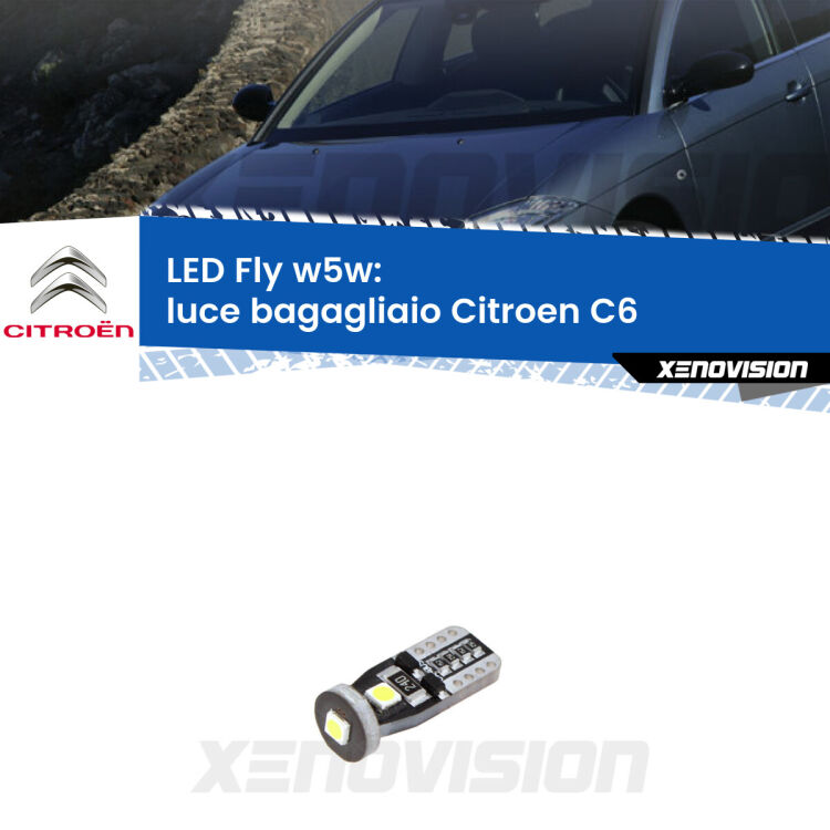 <strong>luce bagagliaio LED per Citroen C6</strong>  2005 - 2012. Coppia lampadine <strong>w5w</strong> Canbus compatte modello Fly Xenovision.
