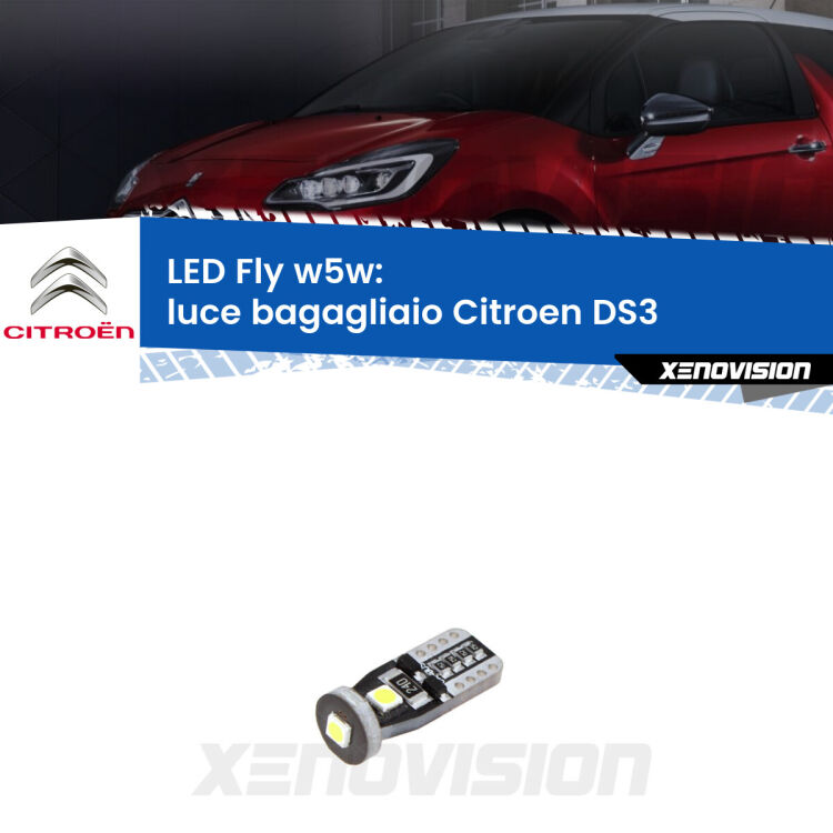 <strong>luce bagagliaio LED per Citroen DS3</strong>  2009 - 2015. Coppia lampadine <strong>w5w</strong> Canbus compatte modello Fly Xenovision.