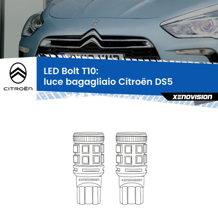 0 Luce Bagagliaio LED Citroën DS5 2011 - 2015: T10 Bolt <strong>Luce Bagagliaio LED per Citroën DS5</strong> 2011 - 2015. Coppia lampade <strong>T10</strong> modello Bolt canbus.