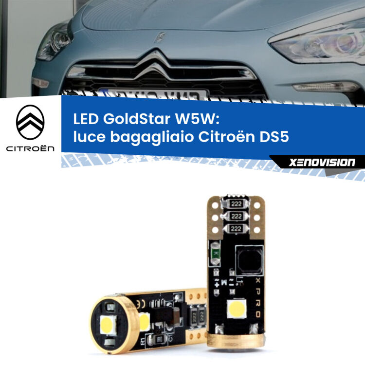 0 Luce Bagagliaio LED Citroën DS5 2011 - 2015: T10 GoldStar <strong>Luce Bagagliaio LED Citroën DS5</strong> 2011 - 2015: ottima luminosità a 360 gradi. Si inseriscono ovunque. Canbus, Top Quality.