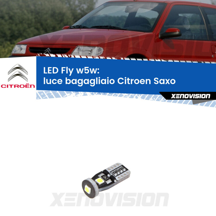 <strong>luce bagagliaio LED per Citroen Saxo</strong>  1996 - 2004. Coppia lampadine <strong>w5w</strong> Canbus compatte modello Fly Xenovision.