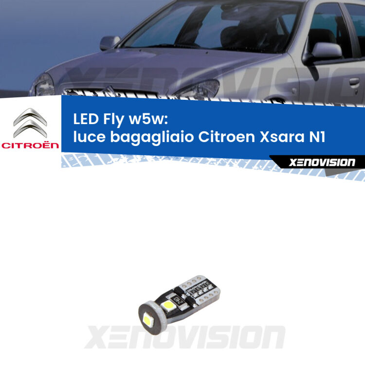 <strong>luce bagagliaio LED per Citroen Xsara</strong> N1 1997 - 2005. Coppia lampadine <strong>w5w</strong> Canbus compatte modello Fly Xenovision.