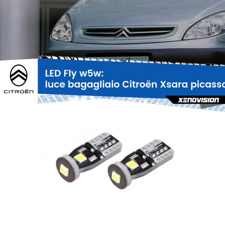 0 Luce Bagagliaio LED Citroën Xsara picasso 1999 - 2012: W5W Fly <strong>luce bagagliaio LED per Citroën Xsara picasso</strong> 1999 - 2012. Coppia lampadine <strong>w5w</strong> Canbus compatte modello Fly Xenovision.