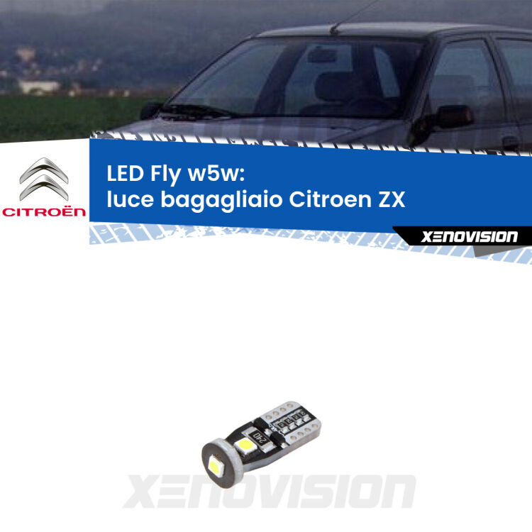 <strong>luce bagagliaio LED per Citroen ZX</strong>  1991 - 1997. Coppia lampadine <strong>w5w</strong> Canbus compatte modello Fly Xenovision.