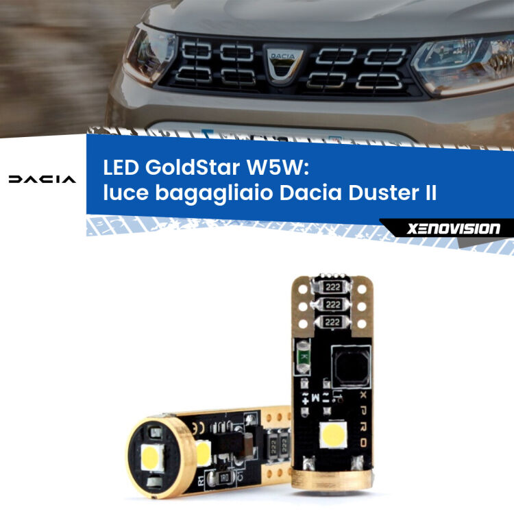0 Luce Bagagliaio LED Dacia Duster II 2017 in poi: T10 GoldStar <strong>Luce Bagagliaio LED Dacia Duster</strong> II 2017 in poi: ottima luminosità a 360 gradi. Si inseriscono ovunque. Canbus, Top Quality.