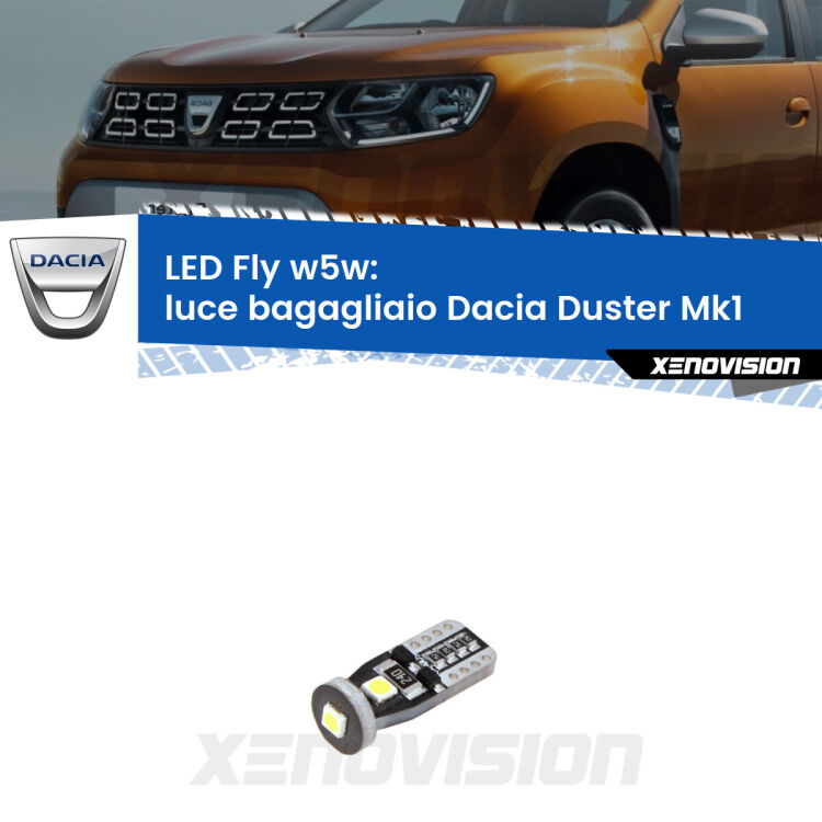 <strong>luce bagagliaio LED per Dacia Duster</strong> Mk1 restyling. Coppia lampadine <strong>w5w</strong> Canbus compatte modello Fly Xenovision.