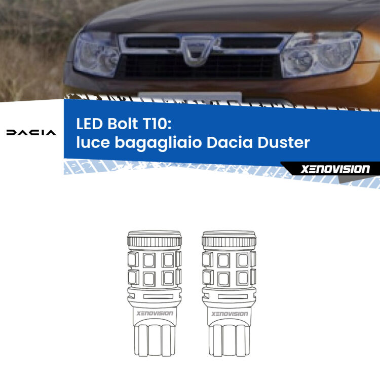 0 Luce Bagagliaio LED Dacia Duster  restyling: T10 Bolt <strong>Luce Bagagliaio LED per Dacia Duster</strong>  restyling. Coppia lampade <strong>T10</strong> modello Bolt canbus.