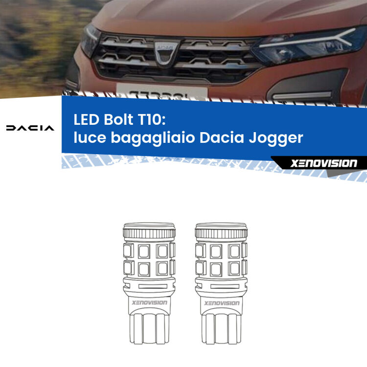 0 Luce Bagagliaio LED Dacia Jogger 2021 in poi: T10 Bolt <strong>Luce Bagagliaio LED per Dacia Jogger</strong> 2021 in poi. Coppia lampade <strong>T10</strong> modello Bolt canbus.