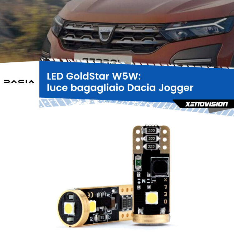 0 Luce Bagagliaio LED Dacia Jogger 2021 in poi: T10 GoldStar <strong>Luce Bagagliaio LED Dacia Jogger</strong> 2021 in poi: ottima luminosità a 360 gradi. Si inseriscono ovunque. Canbus, Top Quality.