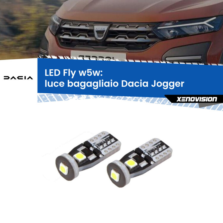 0 Luce Bagagliaio LED Dacia Jogger 2021 in poi: W5W Fly <strong>luce bagagliaio LED per Dacia Jogger</strong> 2021 in poi. Coppia lampadine <strong>w5w</strong> Canbus compatte modello Fly Xenovision.