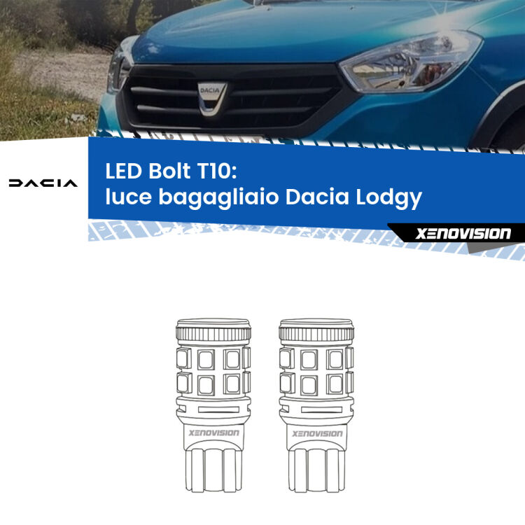 0 Luce Bagagliaio LED Dacia Lodgy 2012 in poi: T10 Bolt <strong>Luce Bagagliaio LED per Dacia Lodgy</strong> 2012 in poi. Coppia lampade <strong>T10</strong> modello Bolt canbus.
