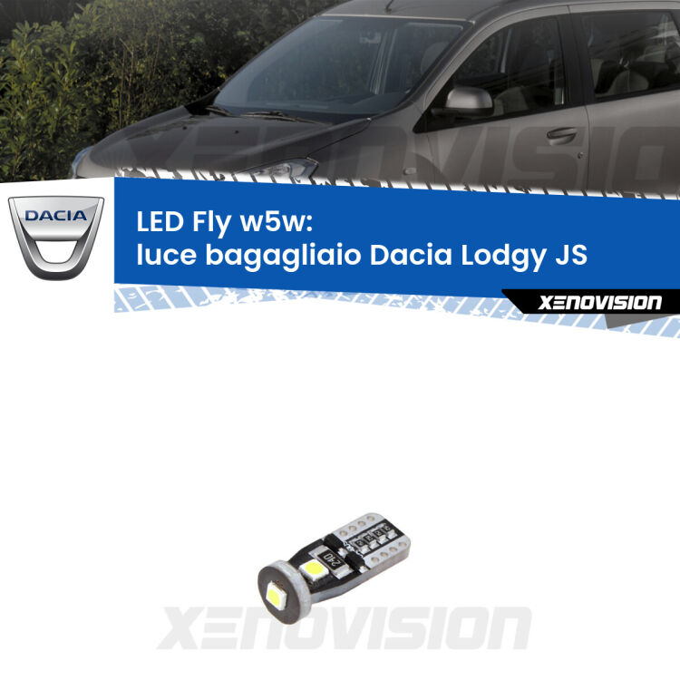 <strong>luce bagagliaio LED per Dacia Lodgy</strong> JS 2012 in poi. Coppia lampadine <strong>w5w</strong> Canbus compatte modello Fly Xenovision.