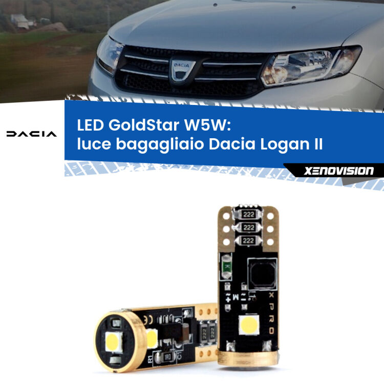 0 Luce Bagagliaio LED Dacia Logan II 2012 in poi: T10 GoldStar <strong>Luce Bagagliaio LED Dacia Logan</strong> II 2012 in poi: ottima luminosità a 360 gradi. Si inseriscono ovunque. Canbus, Top Quality.