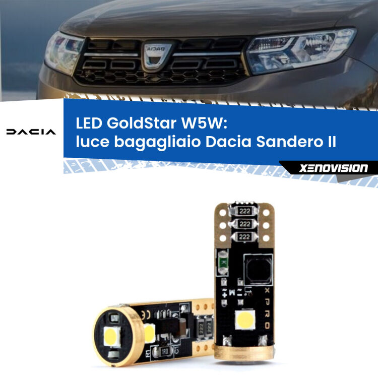 0 Luce Bagagliaio LED Dacia Sandero II 2012 in poi: T10 GoldStar <strong>Luce Bagagliaio LED Dacia Sandero II</strong> 2012 in poi: ottima luminosità a 360 gradi. Si inseriscono ovunque. Canbus, Top Quality.
