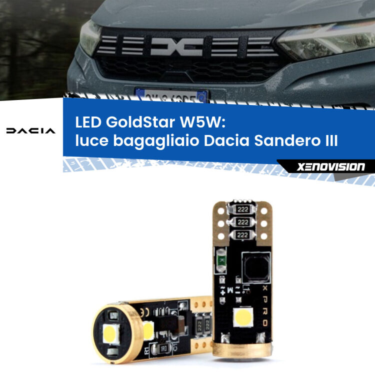 0 Luce Bagagliaio LED Dacia Sandero III 2020 in poi: T10 GoldStar <strong>Luce Bagagliaio LED Dacia Sandero III</strong> 2020 in poi: ottima luminosità a 360 gradi. Si inseriscono ovunque. Canbus, Top Quality.