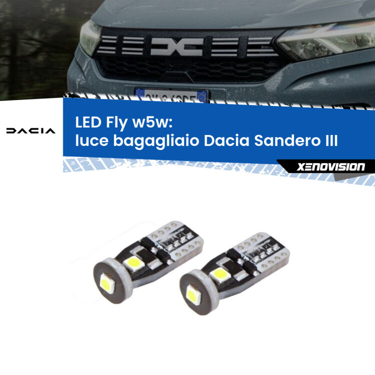 0 Luce Bagagliaio LED Dacia Sandero III 2020 in poi: W5W Fly <strong>luce bagagliaio LED per Dacia Sandero III</strong> 2020 in poi. Coppia lampadine <strong>w5w</strong> Canbus compatte modello Fly Xenovision.